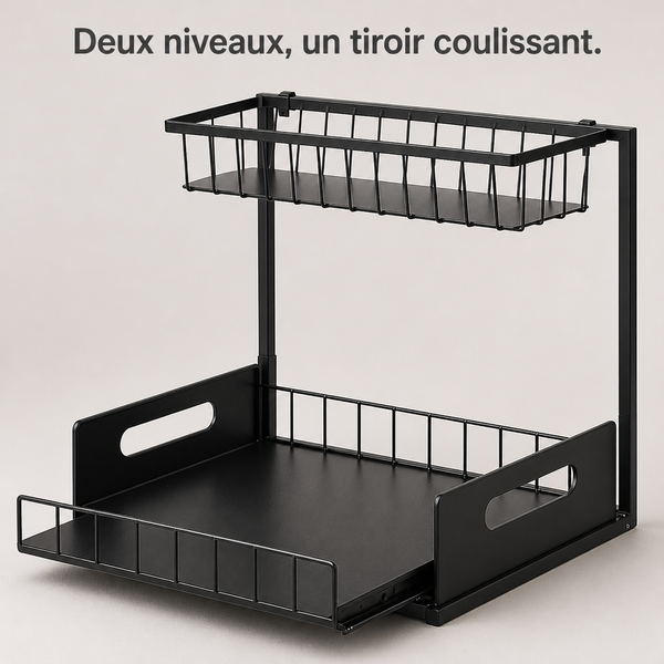 Organiseur sous-évier noir à deux niveaux avec tiroir coulissant