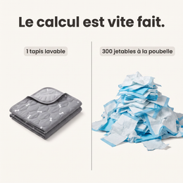 Comparaison : un tapis lavable contre une pile de tapis jetables.