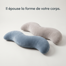 Oreiller de corps ergonomique en forme de vague, coloris bleu orage et gris perle.