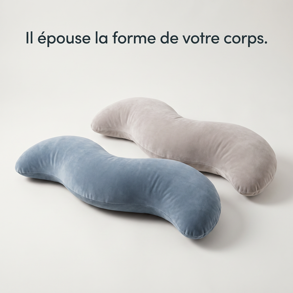 Oreiller de corps ergonomique en forme de vague, coloris bleu orage et gris perle.