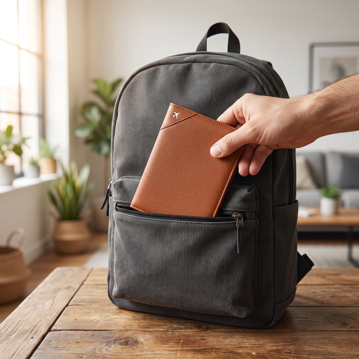 L'étui brun cognac glissé dans la poche avant d'un sac à dos.
