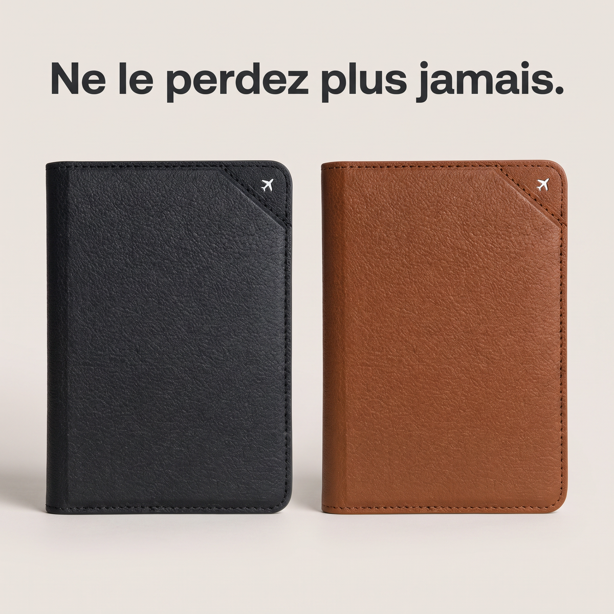Étui passeport connecté en cuir grainé, coloris noir minuit et brun cognac.