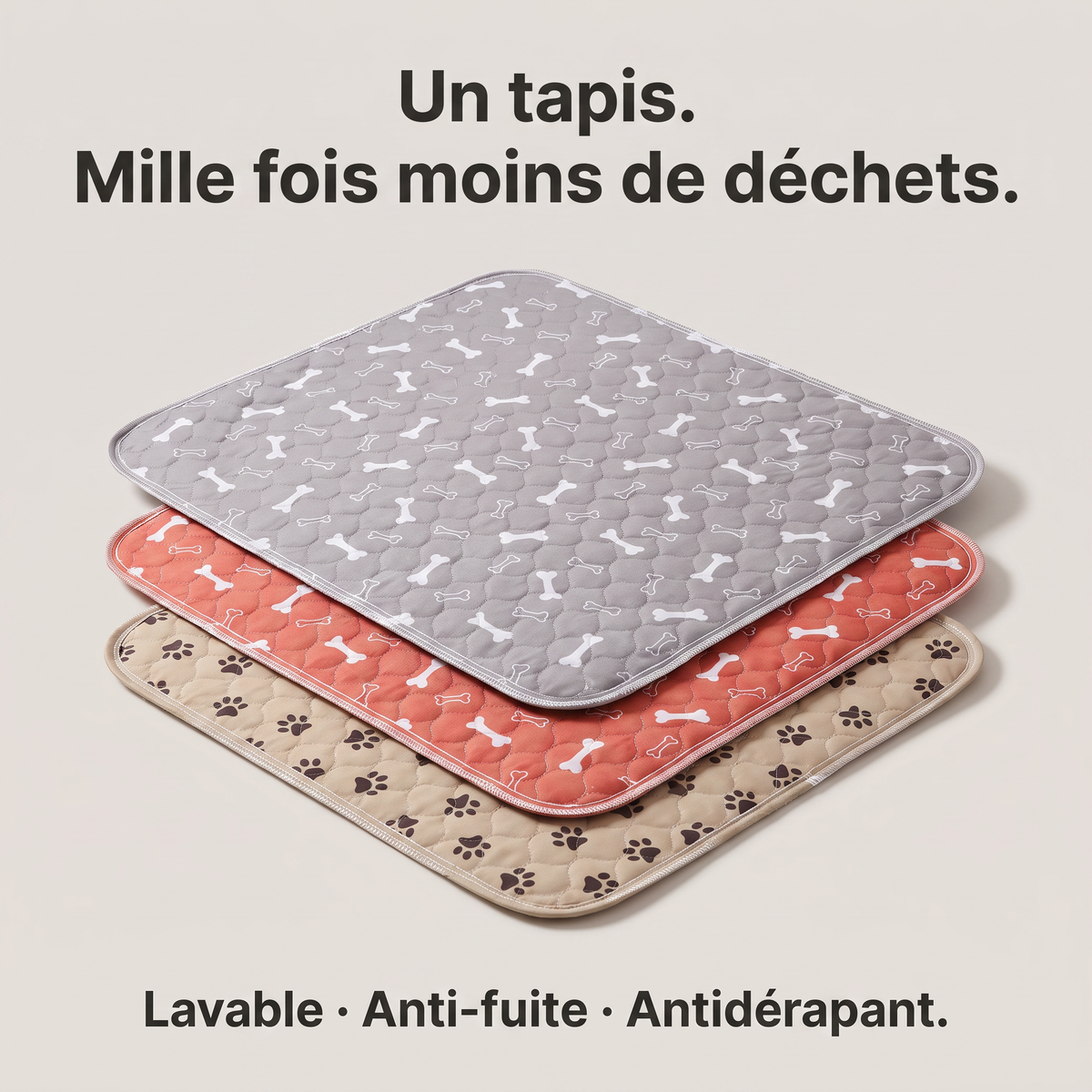 Tapis éducateur lavable en trois coloris : gris, corail et beige.