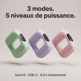 Masseur vibrant sans fil en trois coloris : vert menthe, lilas et rose. 3 modes et 5 niveaux de puissance.