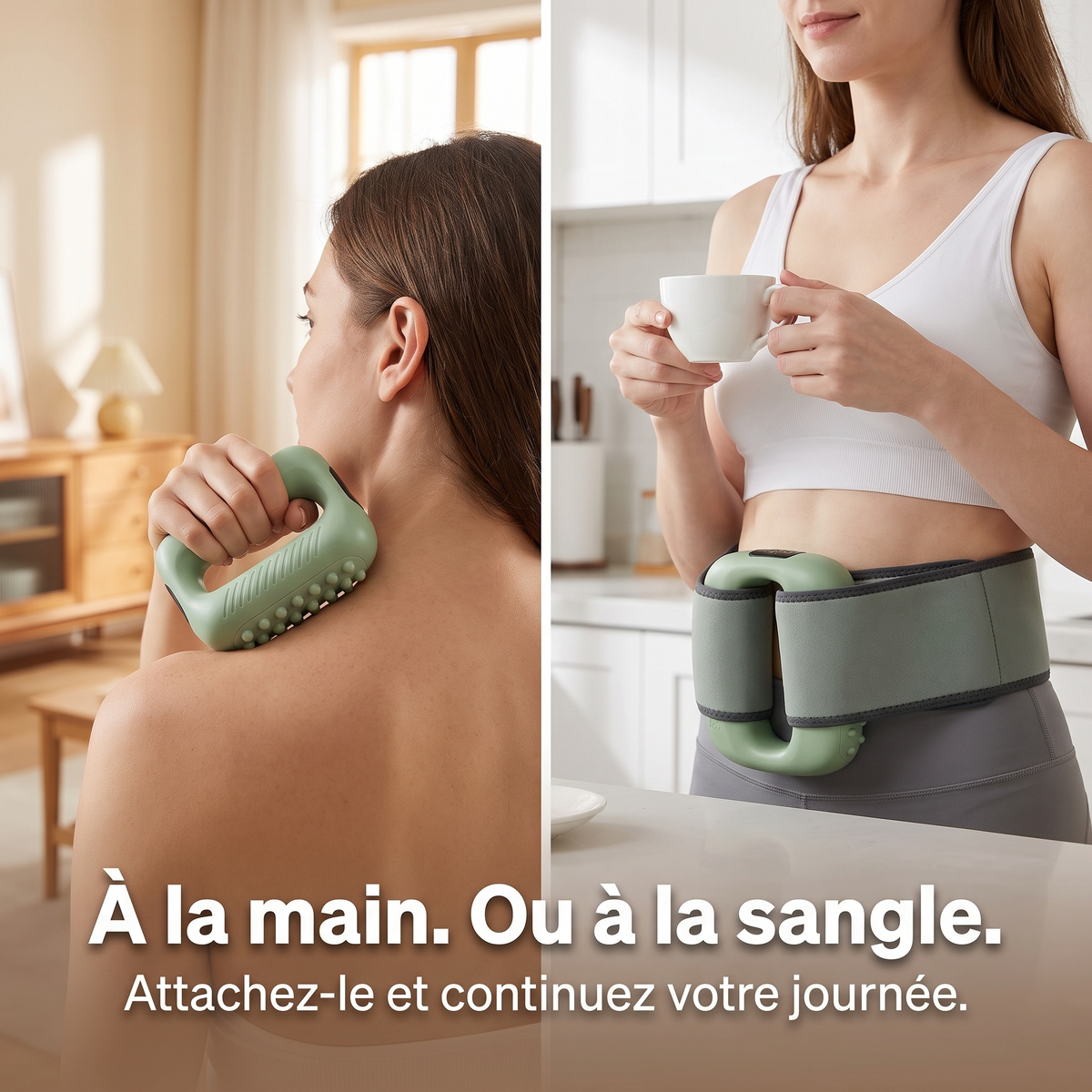 À la main sur l'épaule, ou fixé à la taille : la sangle passe dans la poignée centrale.