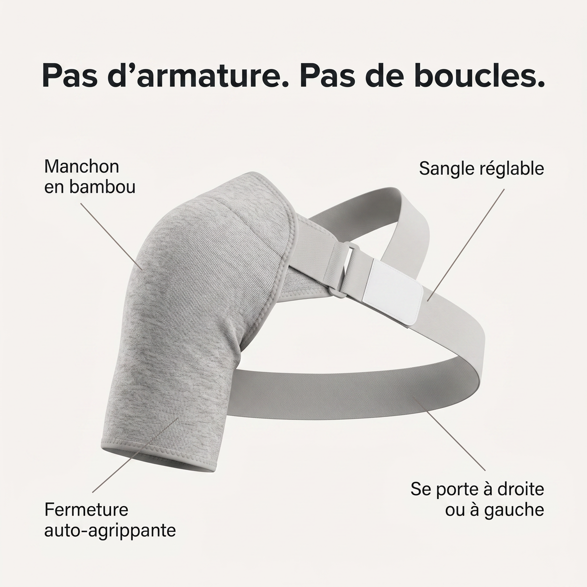 Schéma : manchon en bambou, sangle réglable, fermeture auto-agrippante, port à droite ou à gauche.