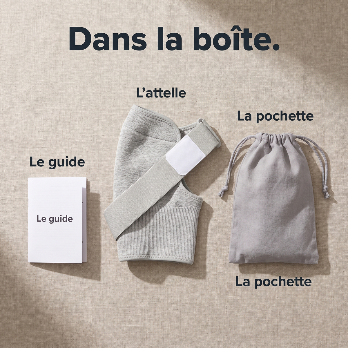 Dans la boîte : l'attelle, la pochette de rangement et le guide.