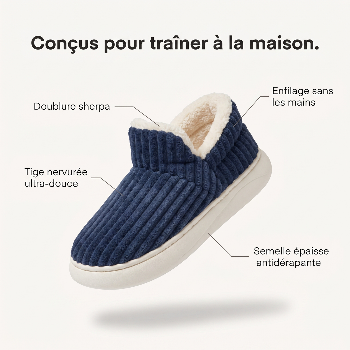 Schéma : doublure sherpa, tige nervurée, semelle épaisse antidérapante, enfilage sans les mains.