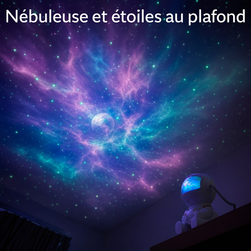 Nébuleuse et champ d'étoiles projetés sur tout le plafond.