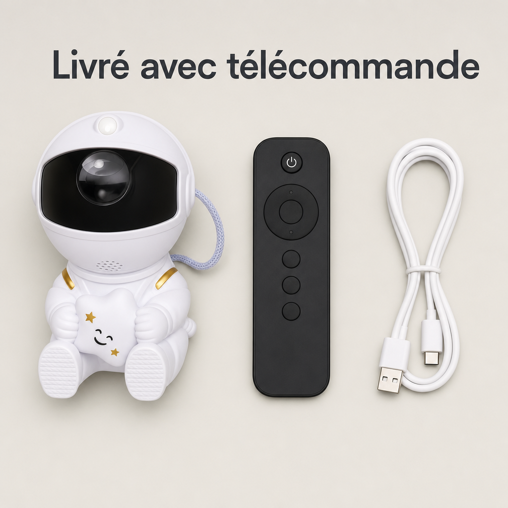 Contenu de la boîte : veilleuse, télécommande et câble USB.