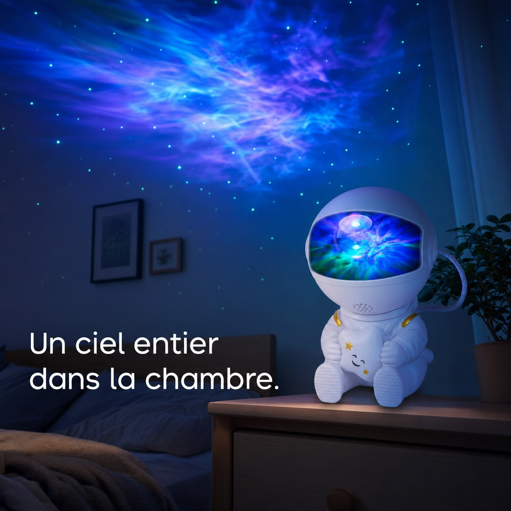 La veilleuse astronaute projette une nébuleuse sur le plafond d'une chambre.