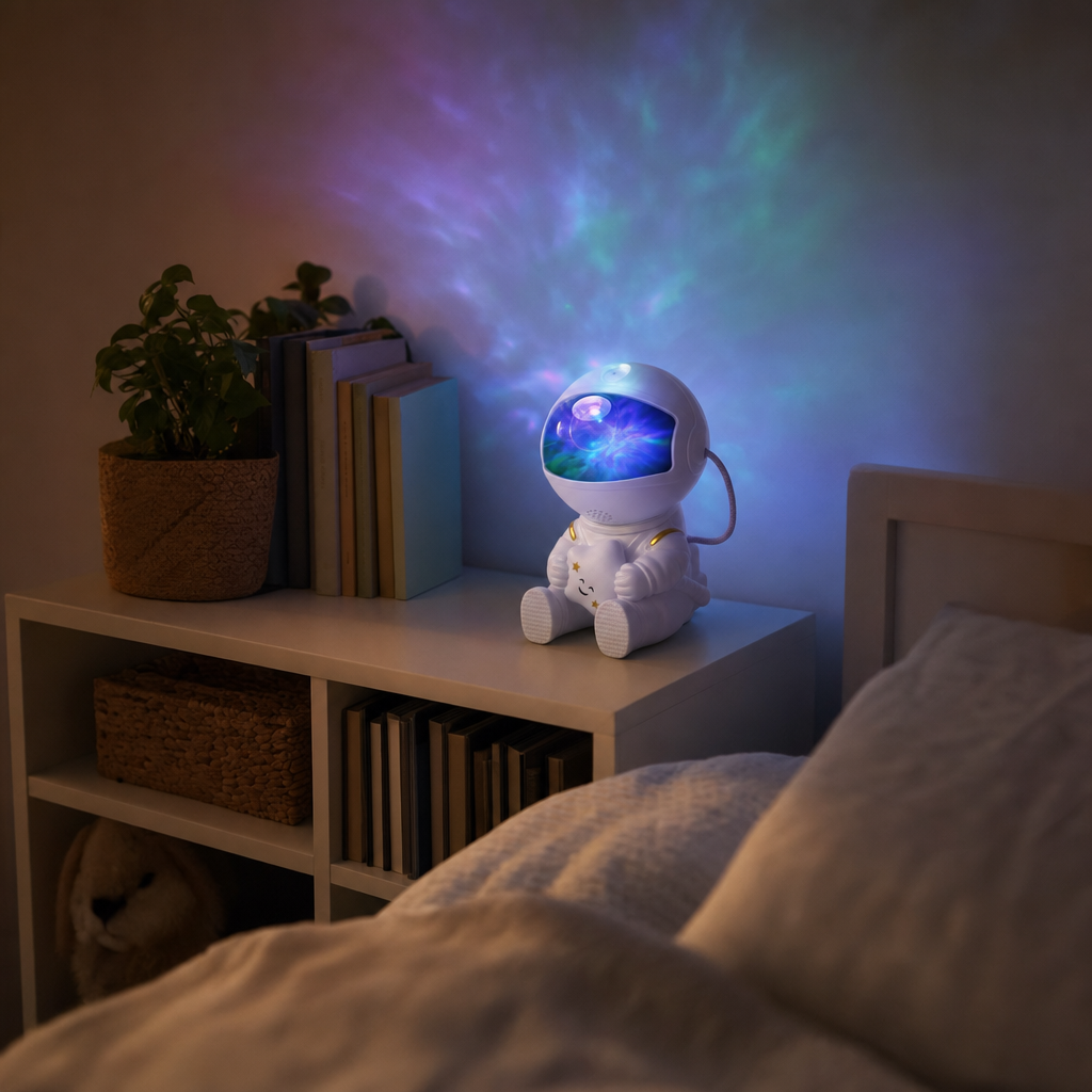 La veilleuse posée sur une étagère dans une chambre d'enfant le soir.