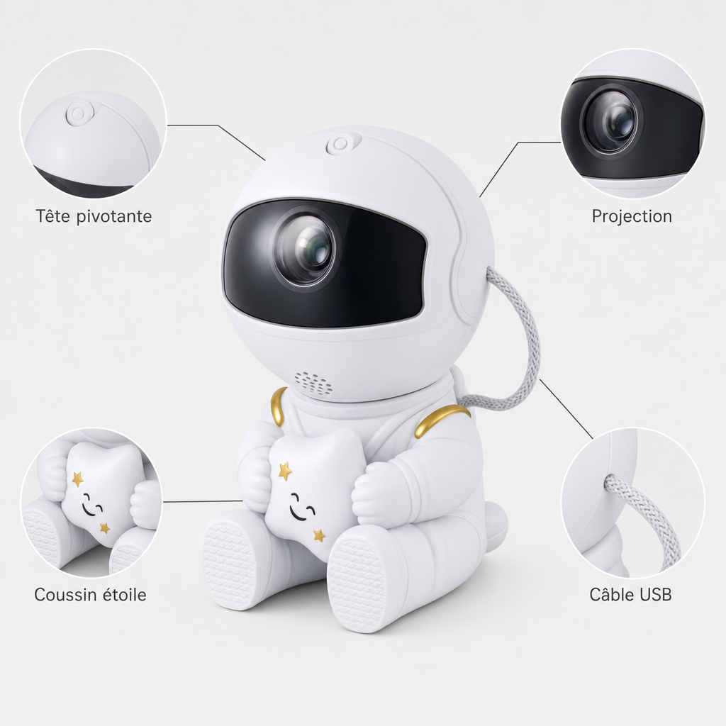 Tête pivotante, lentille de projection, câble USB et coussin étoile.