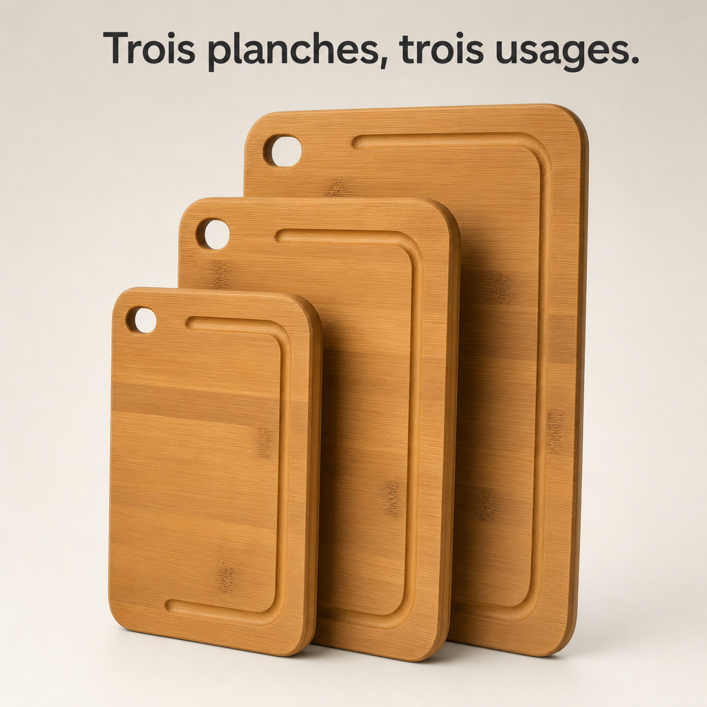 Les trois planches à découper en bambou, trois tailles.