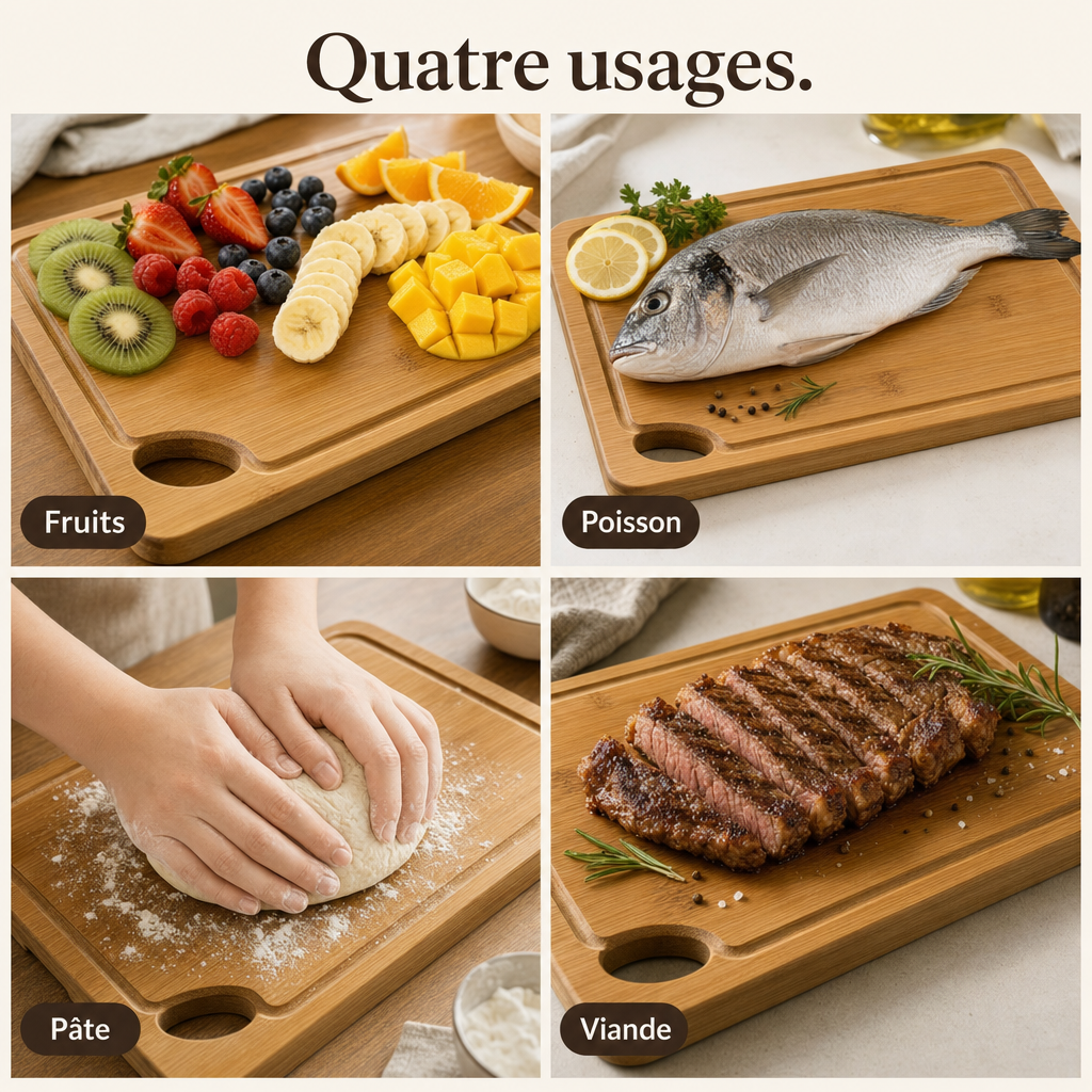 Quatre usages : fruits, poisson, pâte et viande.