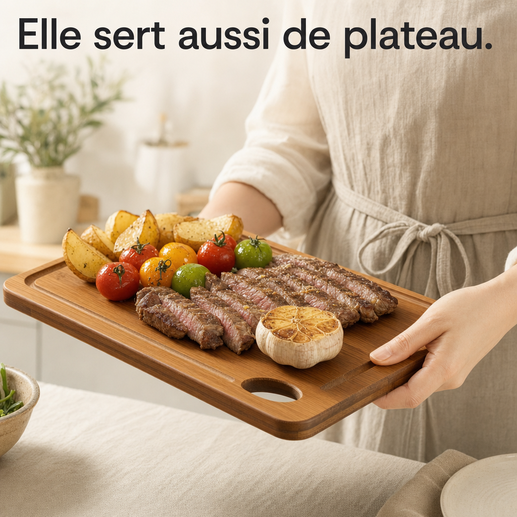 La planche portée par sa poignée sert aussi de plateau de service.