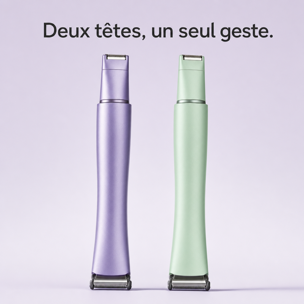 Tondeuse corps à deux têtes, coloris lilas et vert menthe.