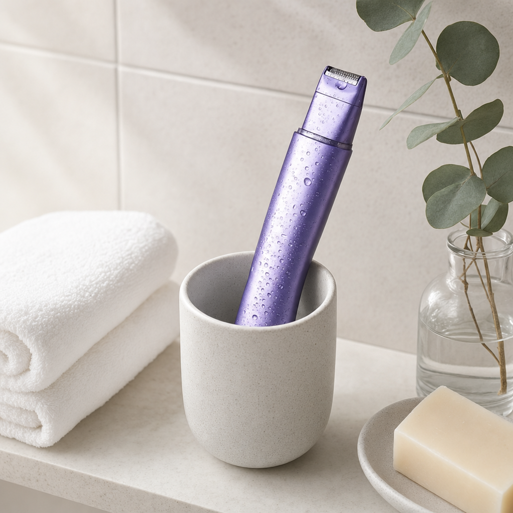 La tondeuse rangée dans un gobelet sur une tablette de salle de bain.