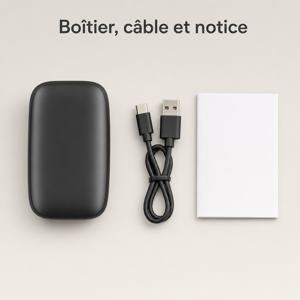 Contenu de la boîte : boîtier, câble USB-C et notice.