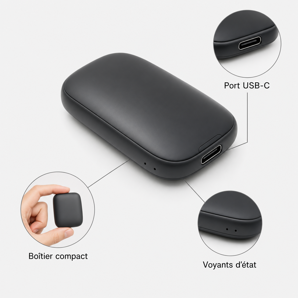 Port USB-C, voyants d'état et taille du boîtier dans la main.
