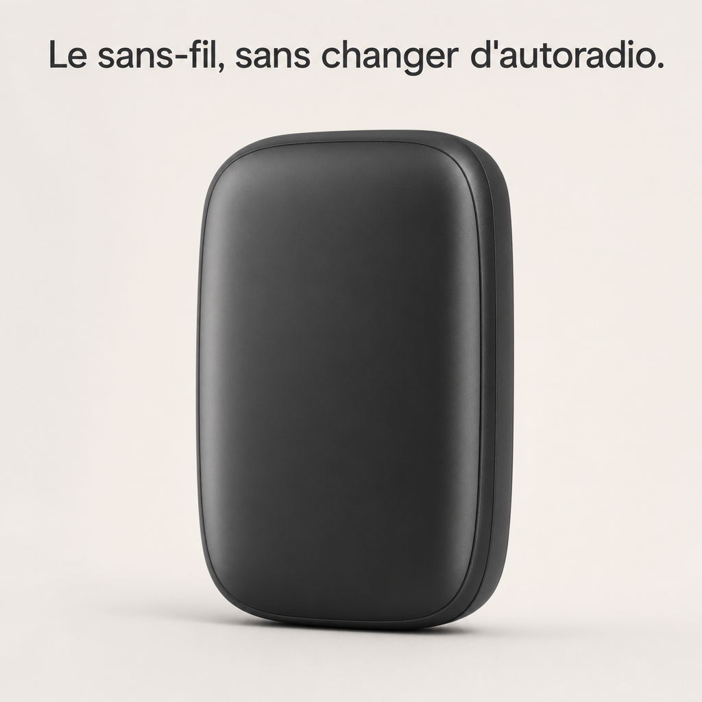 Boîtier CarPlay sans fil, compact et matte noir.