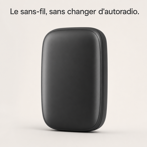 Boîtier CarPlay sans fil, compact et matte noir.