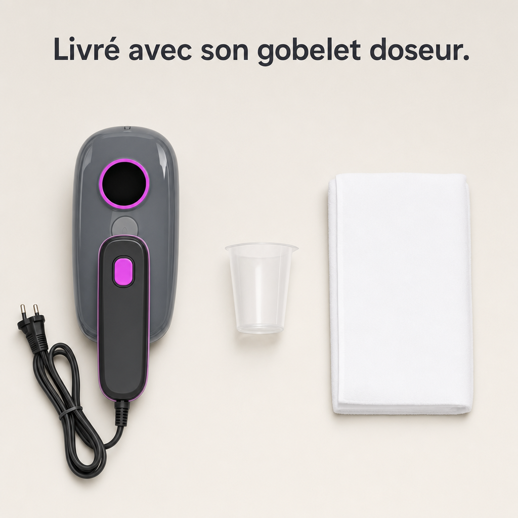 Contenu de la boîte : défroisseur, cordon et gobelet doseur.