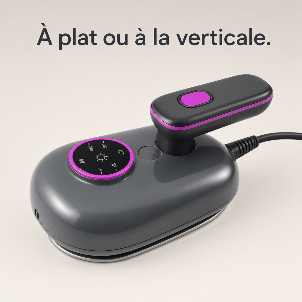 Défroisseur vapeur à main, corps ovale et molette tissus.