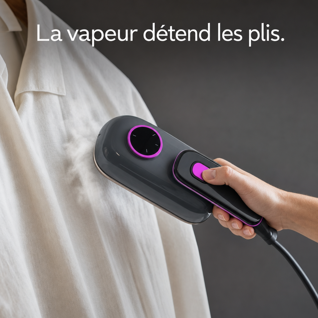 La vapeur détend les plis d'une chemise en lin.