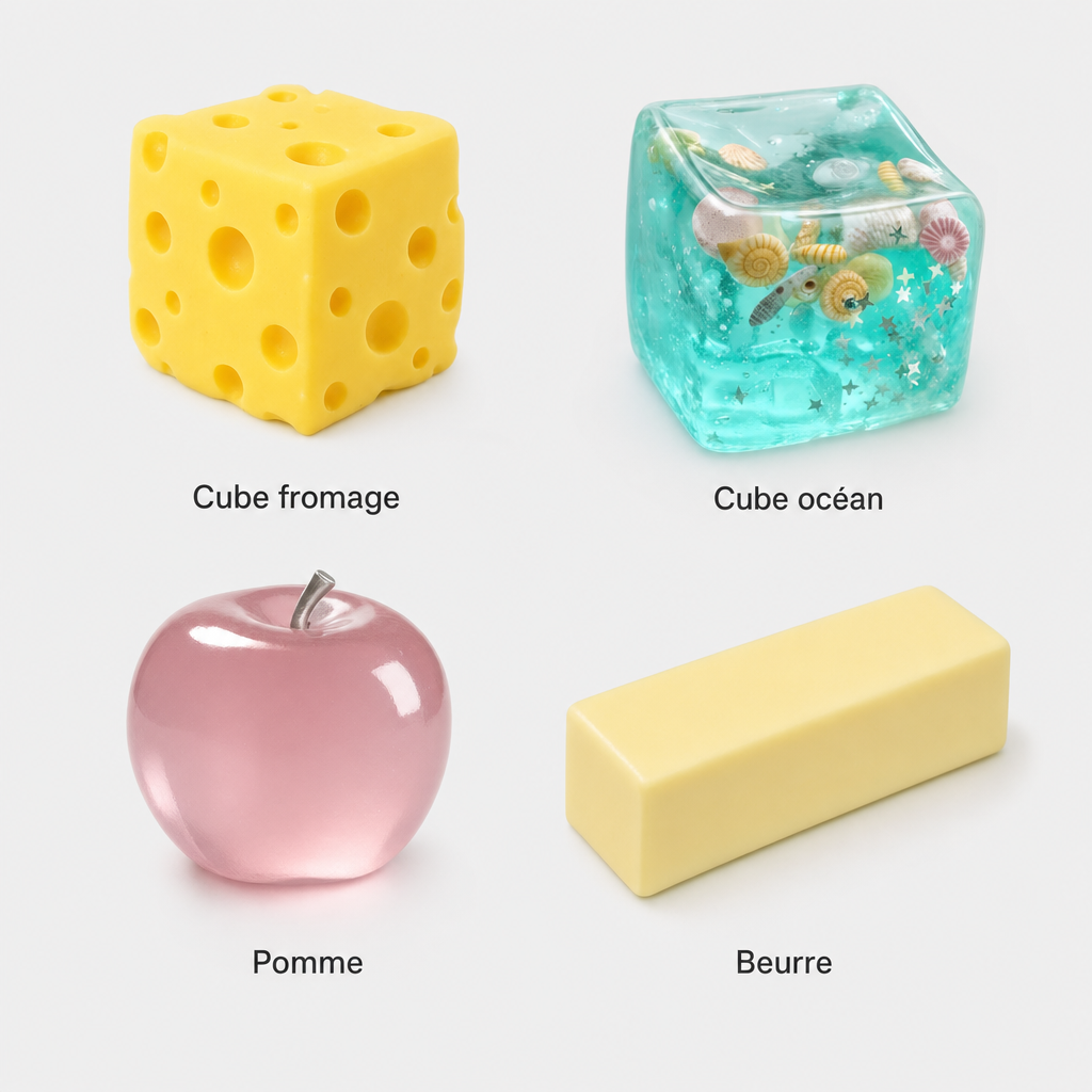 Cube fromage, cube océan, pomme et beurre.