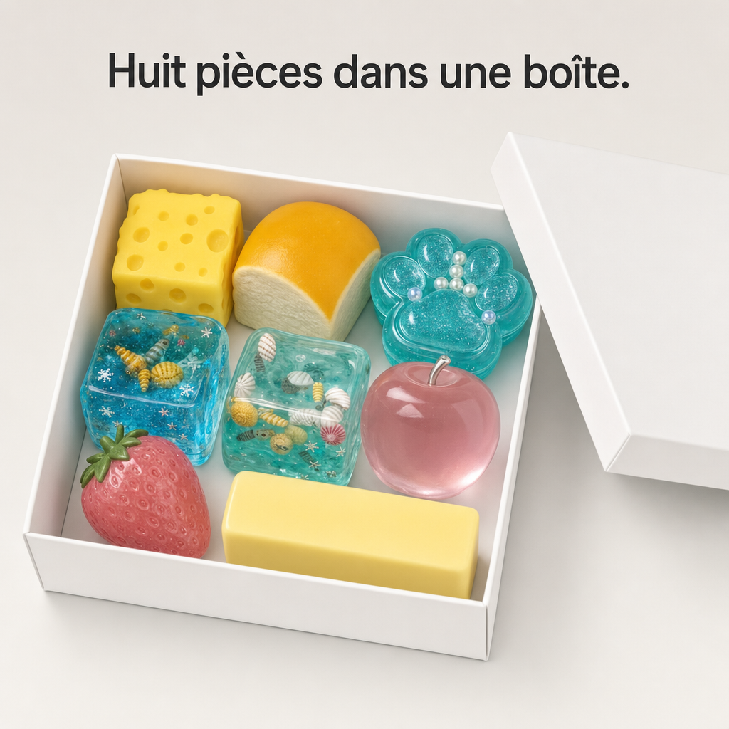 Les huit pièces rangées dans leur boîte.