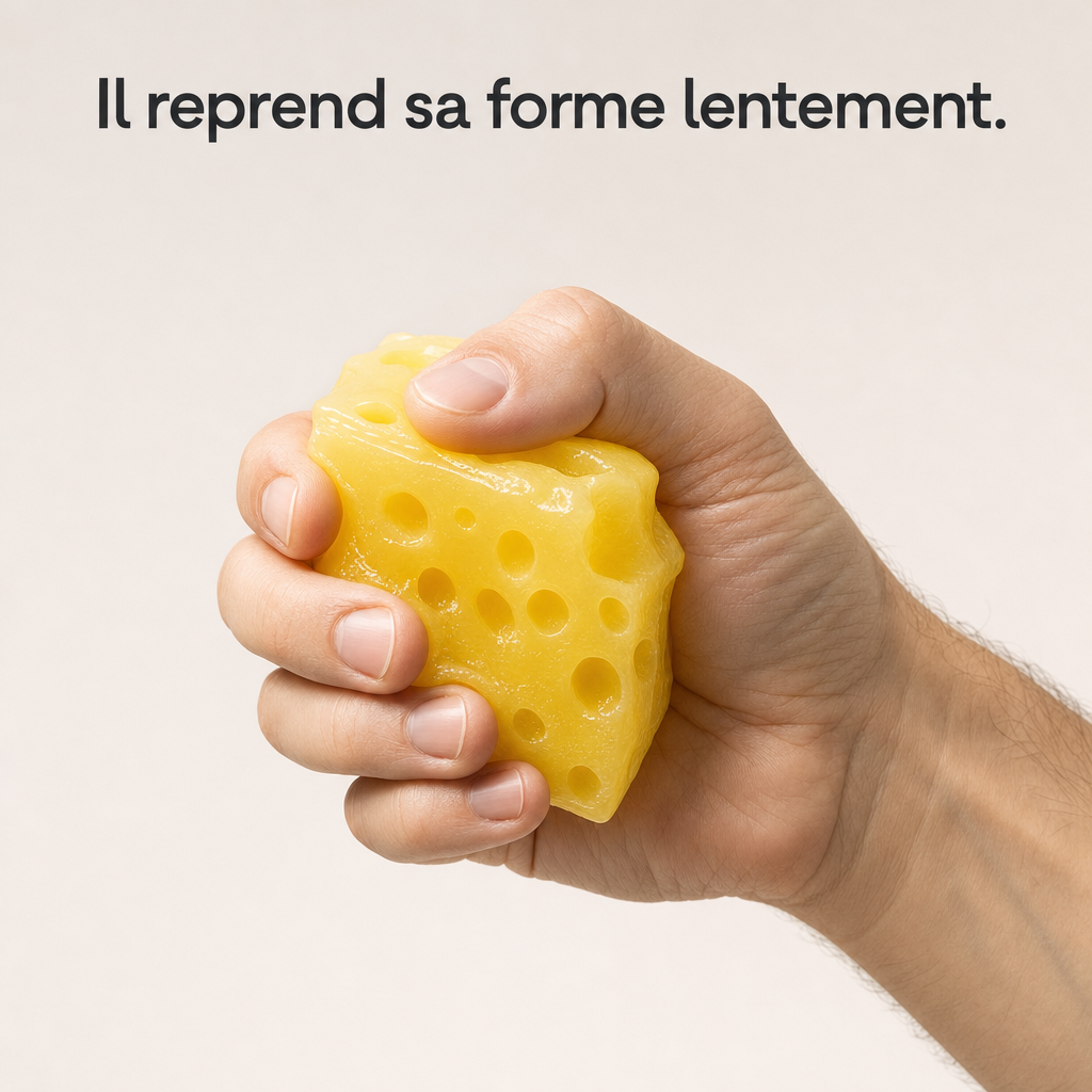 Le cube fromage compressé dans la main reprend sa forme lentement.