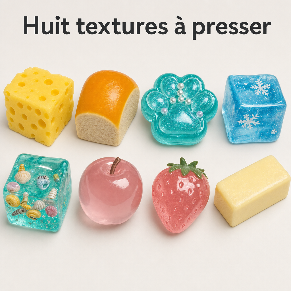 Les huit balles anti-stress squishy du coffret.