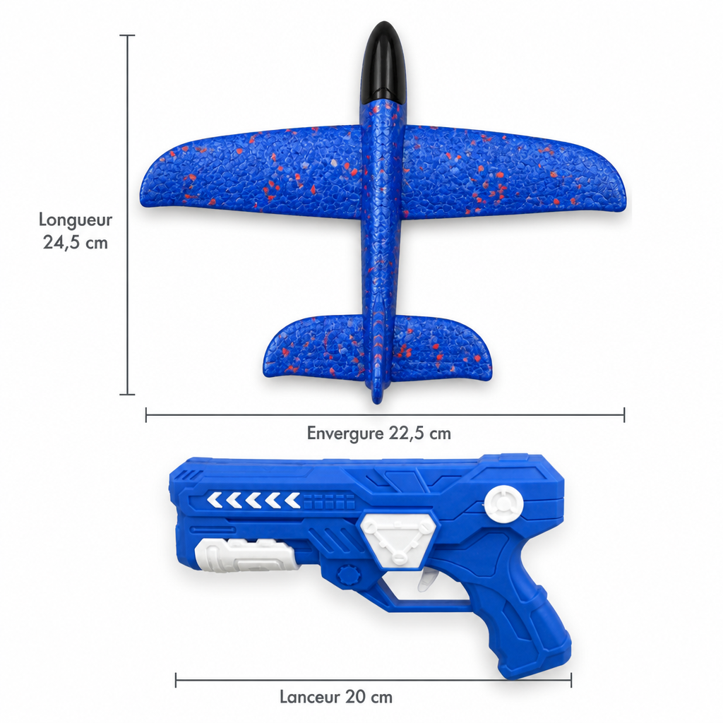 Dimensions : planeur 24,5 cm, envergure 22,5 cm, lanceur 20 cm
