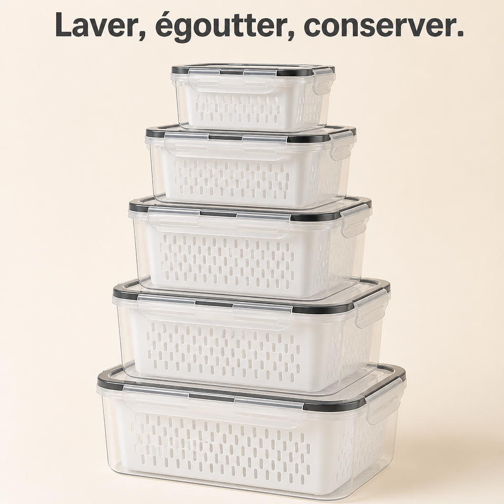 Boîtes de conservation avec panier égouttoir, cinq tailles