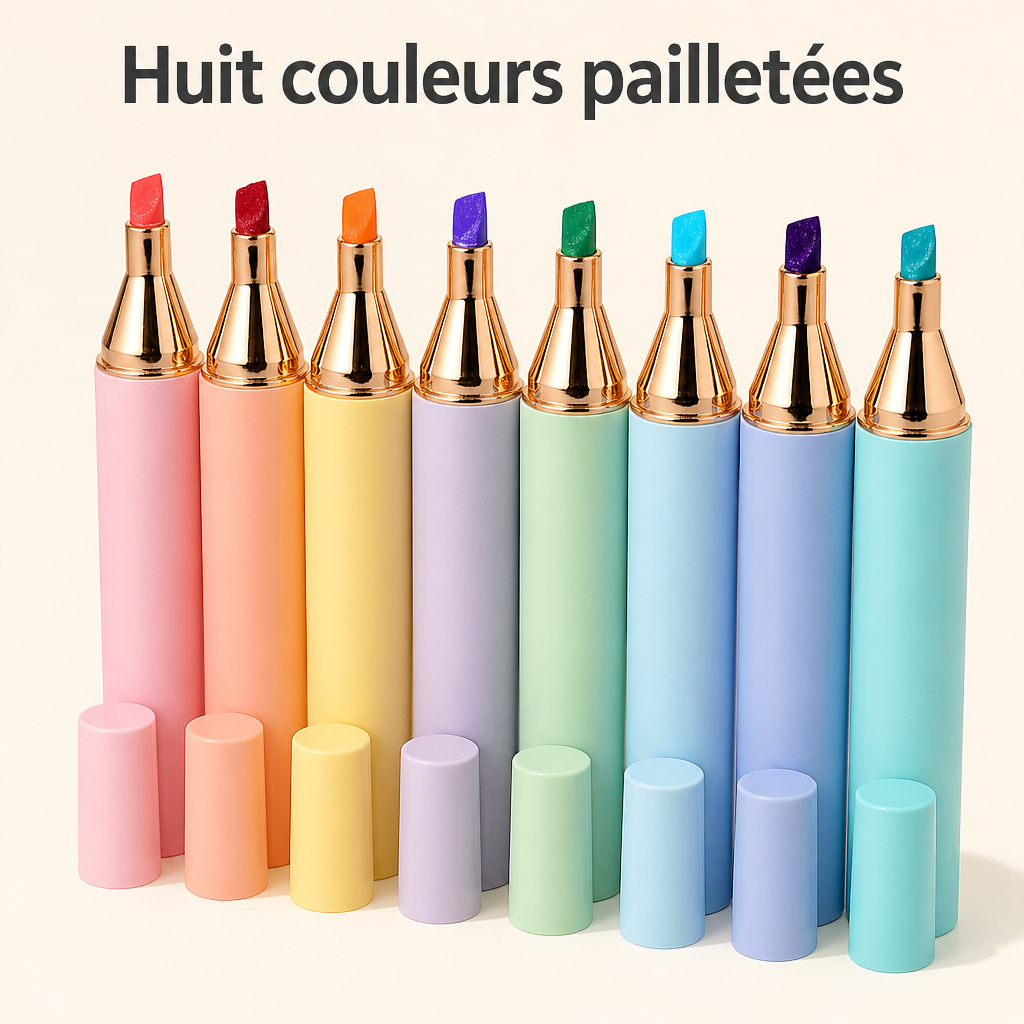 Huit surligneurs pastel à encre pailletée