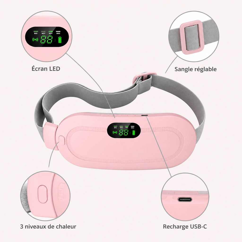 Écran LED, 3 niveaux de chaleur, recharge USB-C, sangle réglable