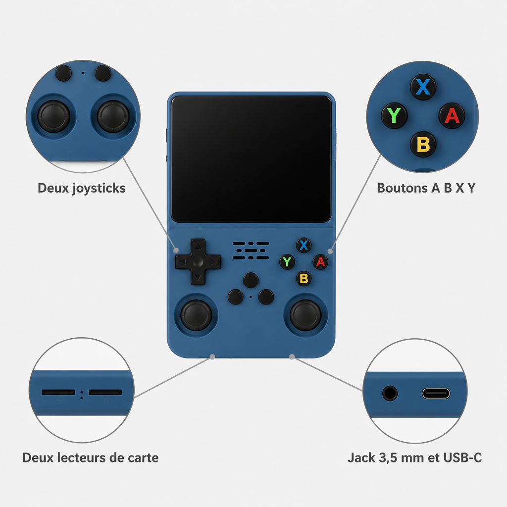 Deux joysticks, boutons A B X Y, deux lecteurs de carte, jack 3,5 mm et USB-C