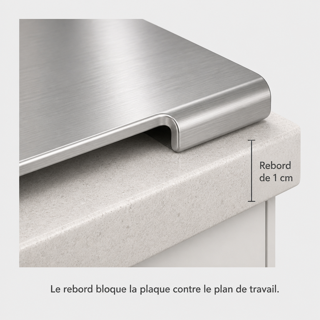 Le rebord de 1 cm bloque la plaque contre le plan de travail