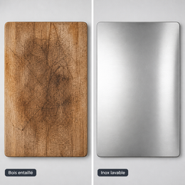 Planche en bois entaillée comparée à la plaque en inox