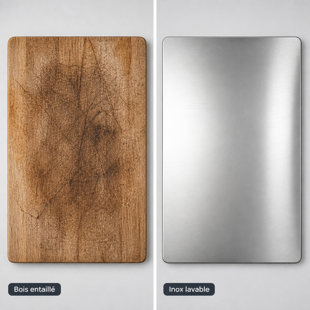Planche en bois entaillée comparée à la plaque en inox