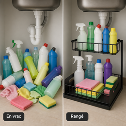 Avant et après : produits en vrac puis rangés