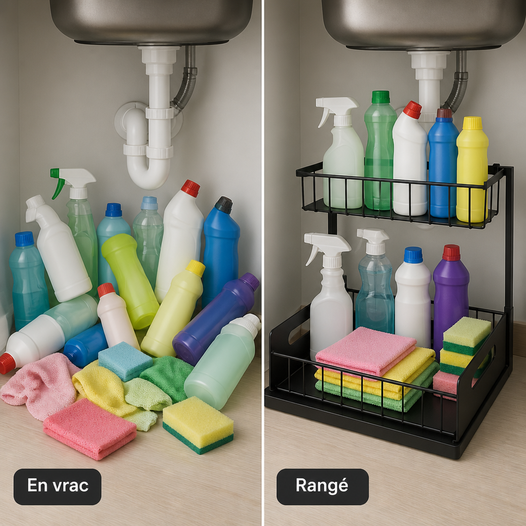 Avant et après : produits en vrac puis rangés