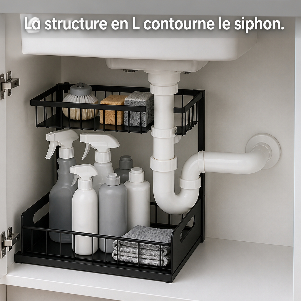 La structure en L contourne le siphon sous l'évier