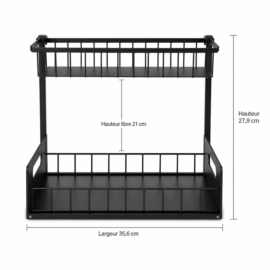 Dimensions : 35,6 cm de large, 27,9 cm de haut, 21 cm de hauteur libre