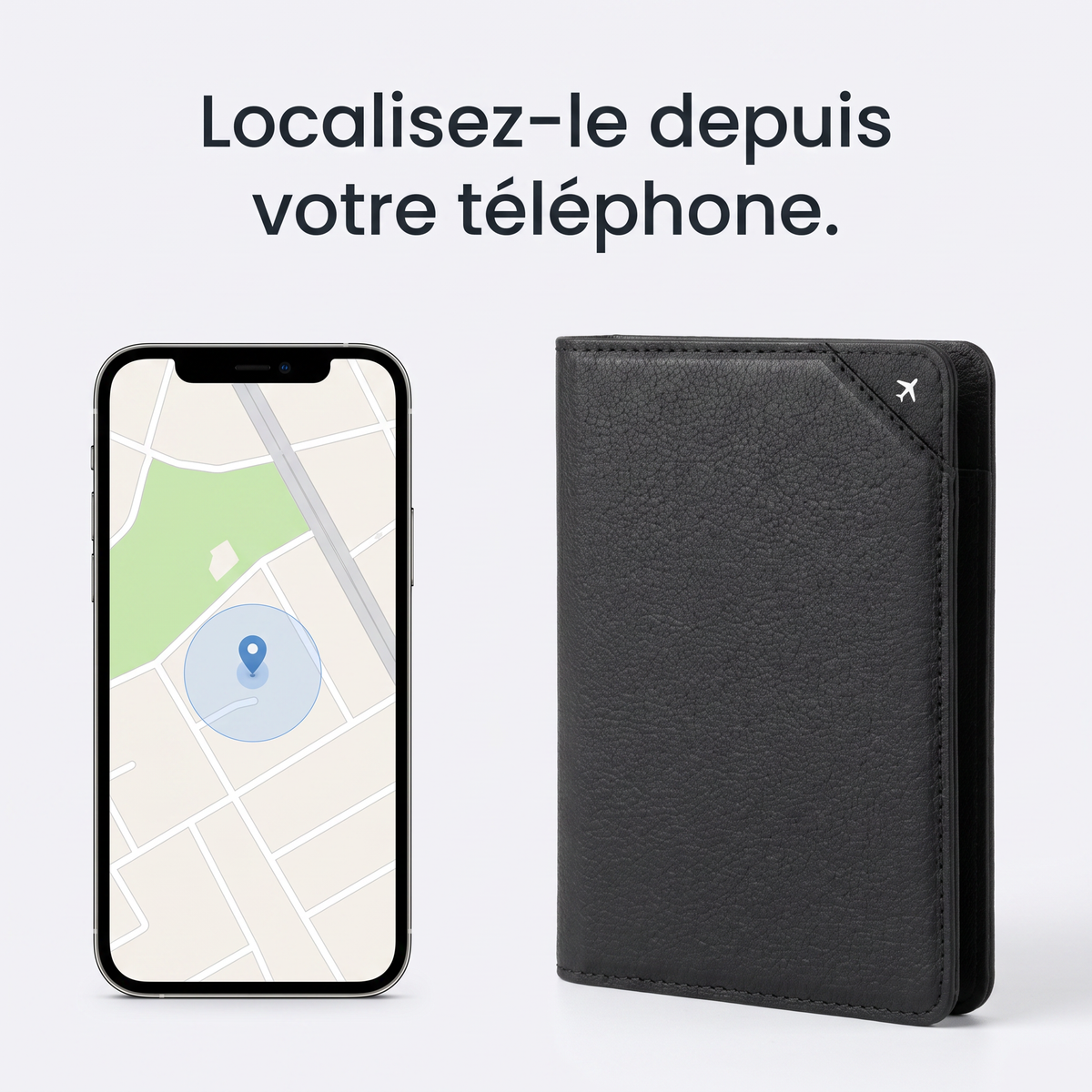 L'étui à côté d'un téléphone affichant sa position sur une carte.