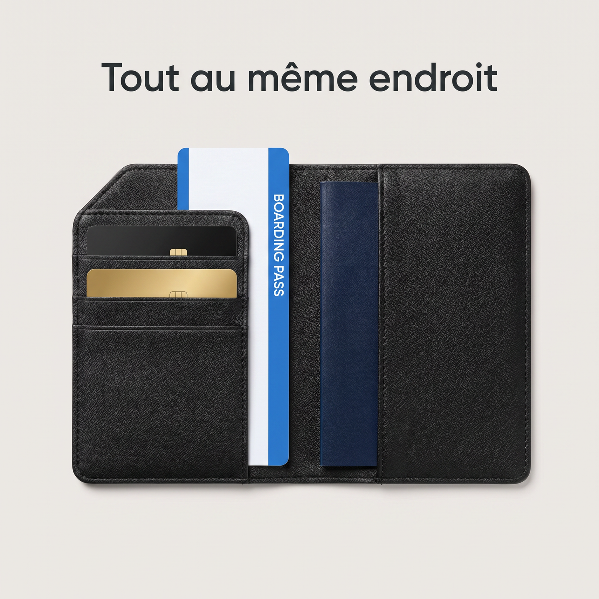 Intérieur de l'étui : passeport, deux cartes et carte d'embarquement.
